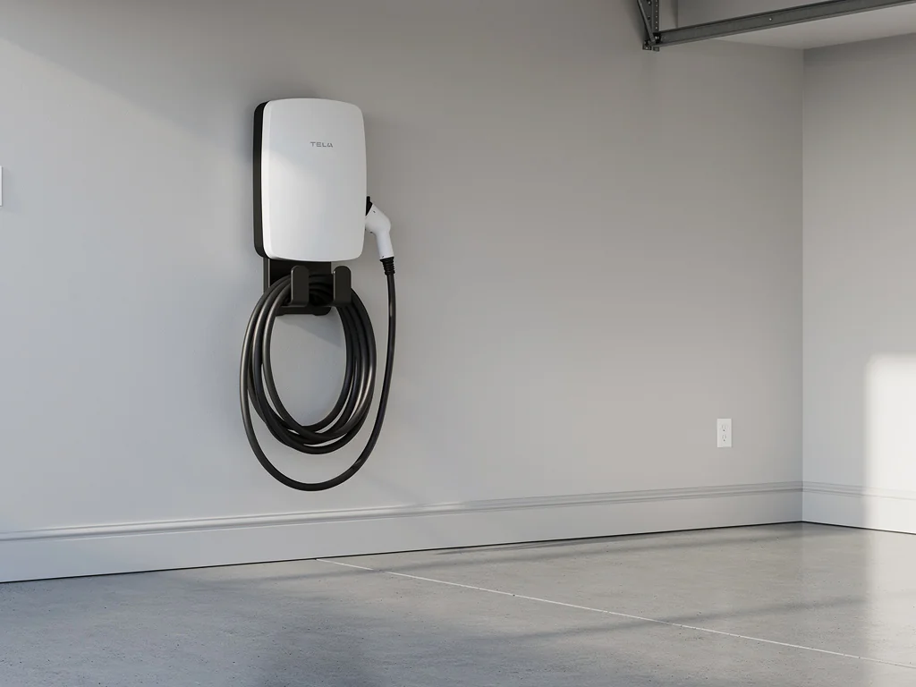 Wallbox blanche fixée au mur d'un garage, câble enroulé sur son support