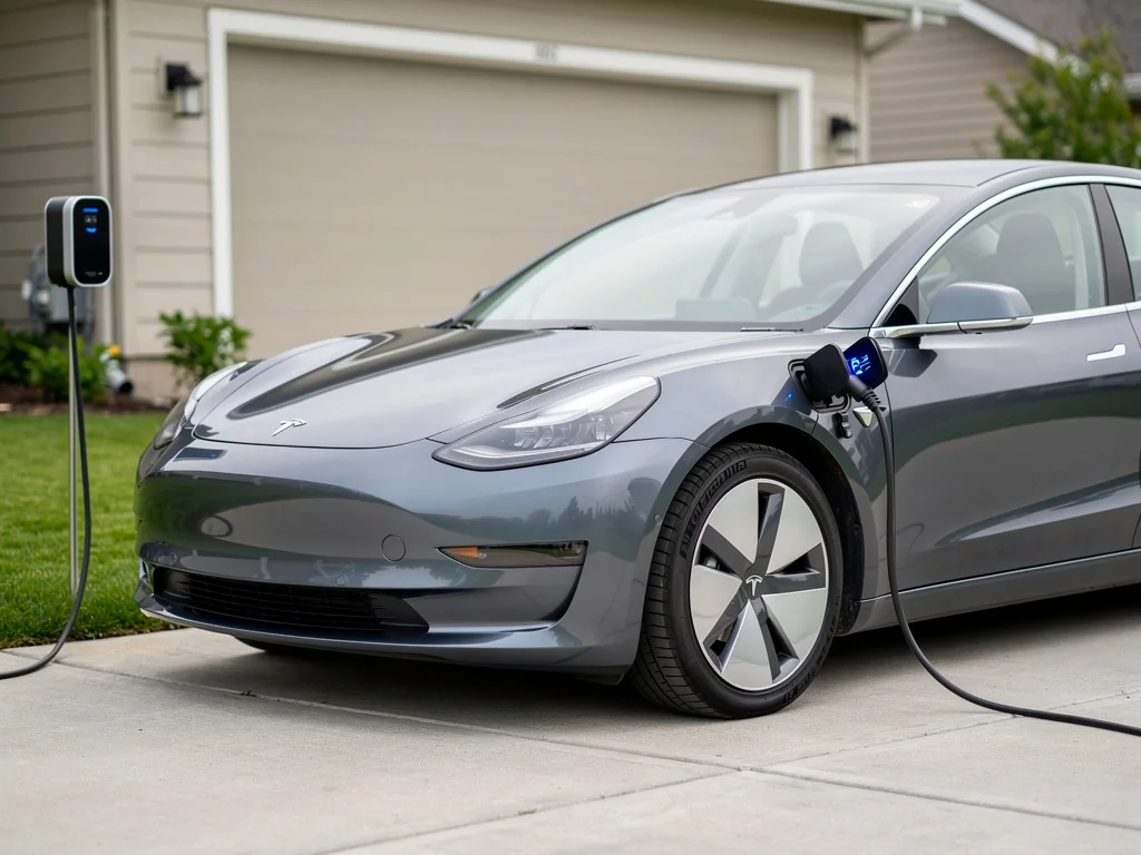 Berline électrique branchée à une borne de recharge dans une allée pavillonnaire