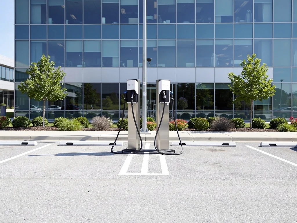Deux bornes sur pied alignées sur le parking d'une entreprise