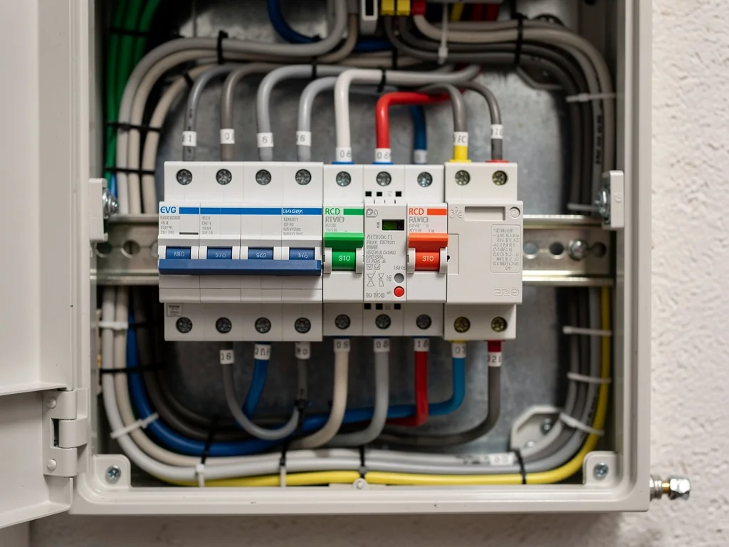Coffret électrique ouvert avec disjoncteur et différentiel dédiés à la borne