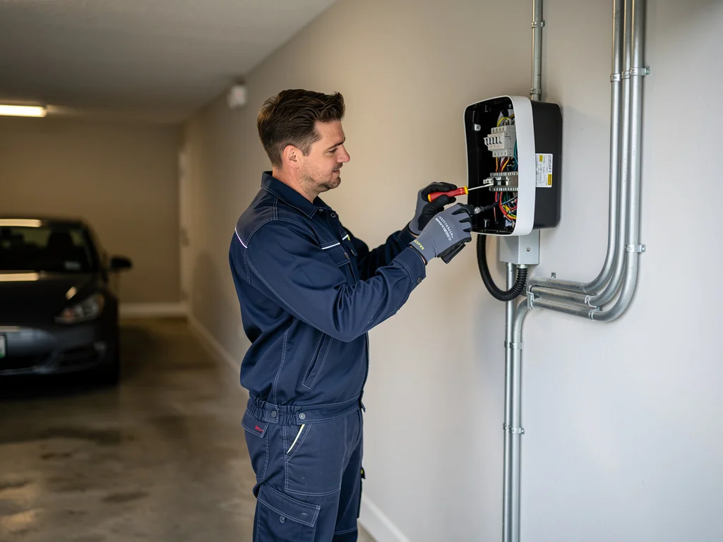 Électricien certifié IRVE vérifiant le raccordement d'une borne murale